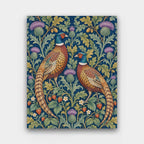 Pheasants in the Thistles paint by numbers kit of two pheasants among thistles, oak leaves and strawberries on deep indigo