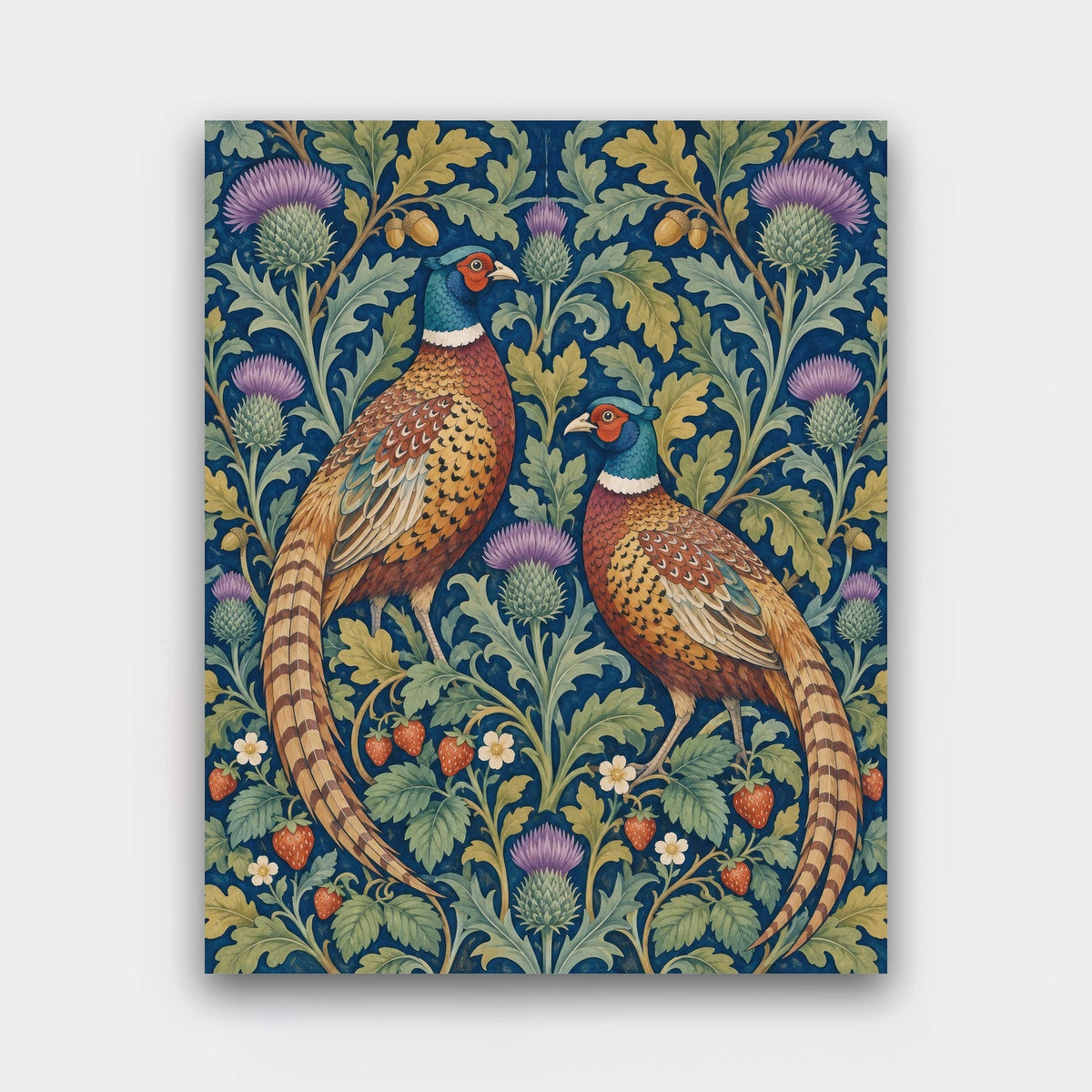 Pheasants in the Thistles paint by numbers kit of two pheasants among thistles, oak leaves and strawberries on deep indigo