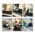 Piano Moments mini paint by numbers set: six piano scenes with cats, white flowers, sheet music and grand pianos