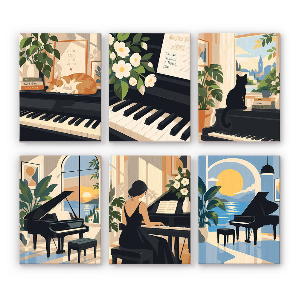 Piano Moments mini paint by numbers set: six piano scenes with cats, white flowers, sheet music and grand pianos