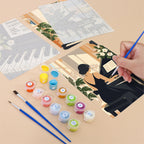 Filling in a Piano Moments mini canvas with numbered acrylic paints and a fine brush