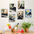 Six finished Piano Moments mini paintings hung on a wall above a table