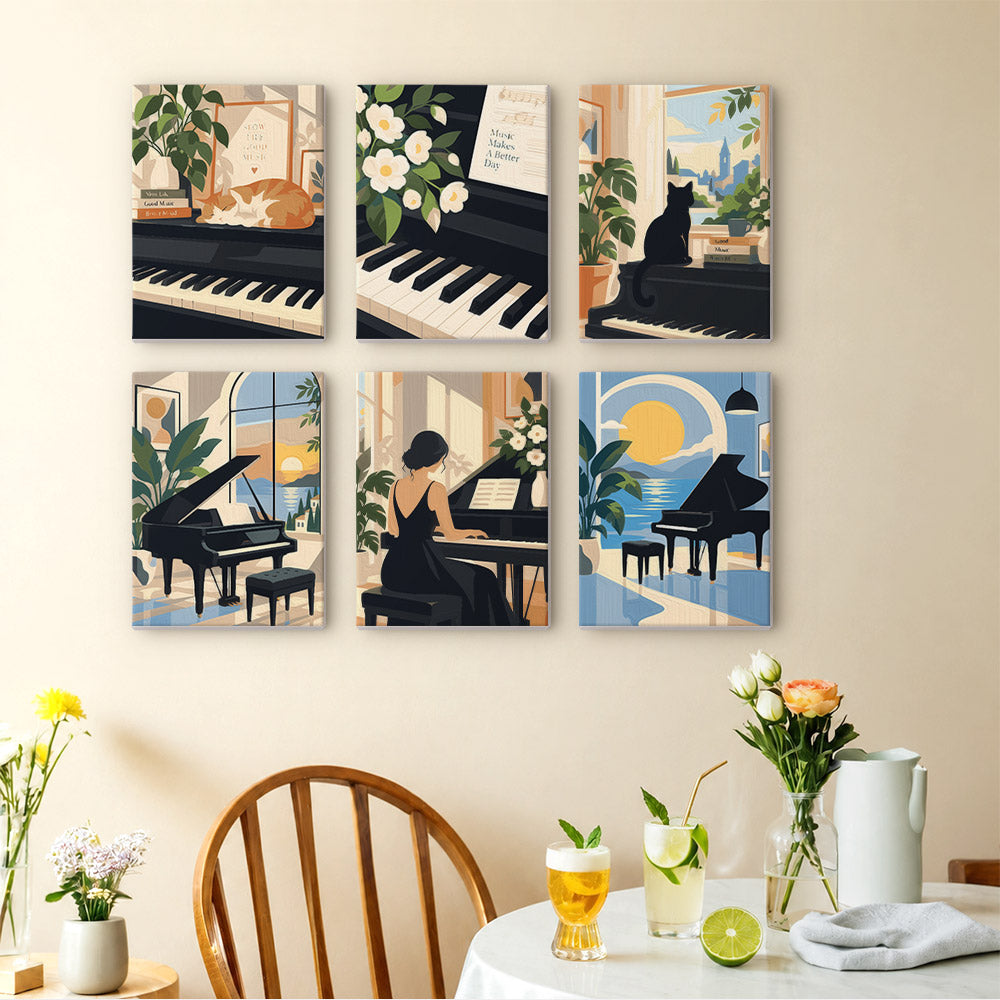 Piano Moments mini paintings displayed as a gallery wall in a sunny kitchen