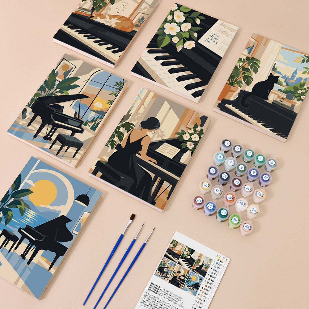 Piano Moments mini paint by numbers kit with six numbered canvases, acrylic paints, brushes and layout