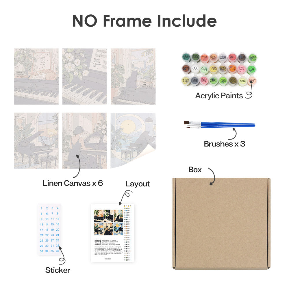 What's included without a frame: six rolled Piano Moments mini canvases, acrylic paints, three brushes and layout