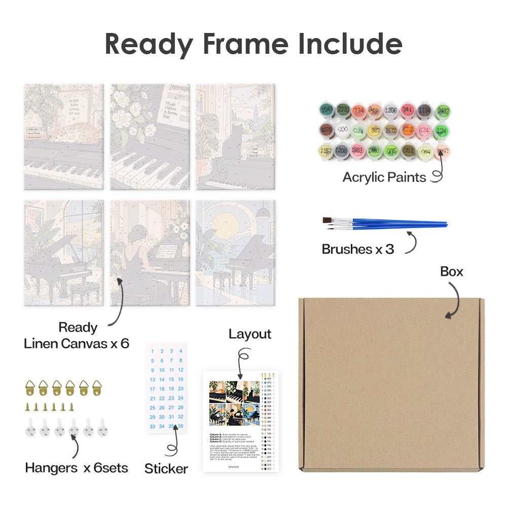 What's included pre-stretched on frame: six framed Piano Moments mini canvases, paints, three brushes, hangers and layout