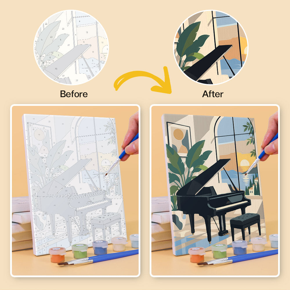 Before and after of a Piano Moments mini paint by numbers canvas