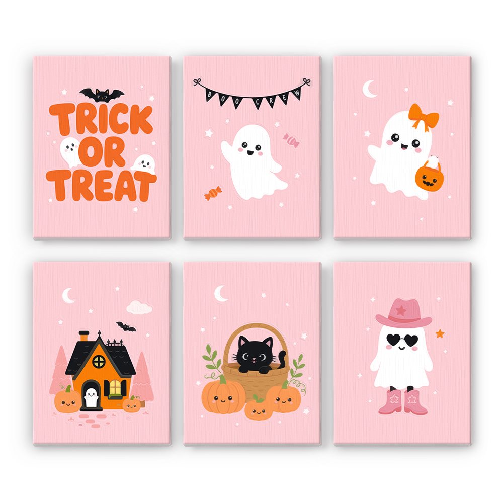 Pink Boo Crew mini paint by numbers set: six cute pink Halloween designs with Trick or Treat lettering, ghosts, a tiny house and a kitten