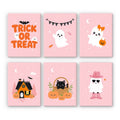 Pink Boo Crew mini paint by numbers set: six cute pink Halloween designs with Trick or Treat lettering, ghosts, a tiny house and a kitten