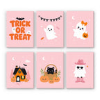 Pink Boo Crew mini paint by numbers set: six cute pink Halloween designs with Trick or Treat lettering, ghosts, a tiny house and a kitten