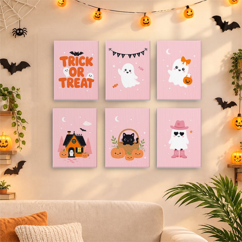 Six finished Pink Boo Crew mini paintings hung on a wall above a table
