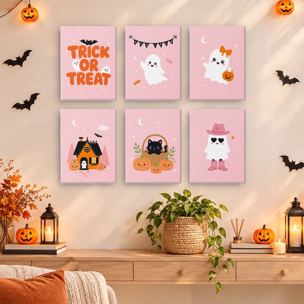 Pink Boo Crew mini paintings displayed as a gallery wall in a sunny kitchen