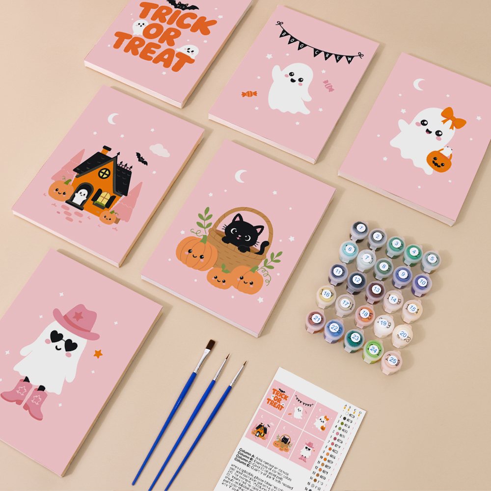 Pink Boo Crew mini paint by numbers kit with six numbered canvases, acrylic paints, brushes and layout