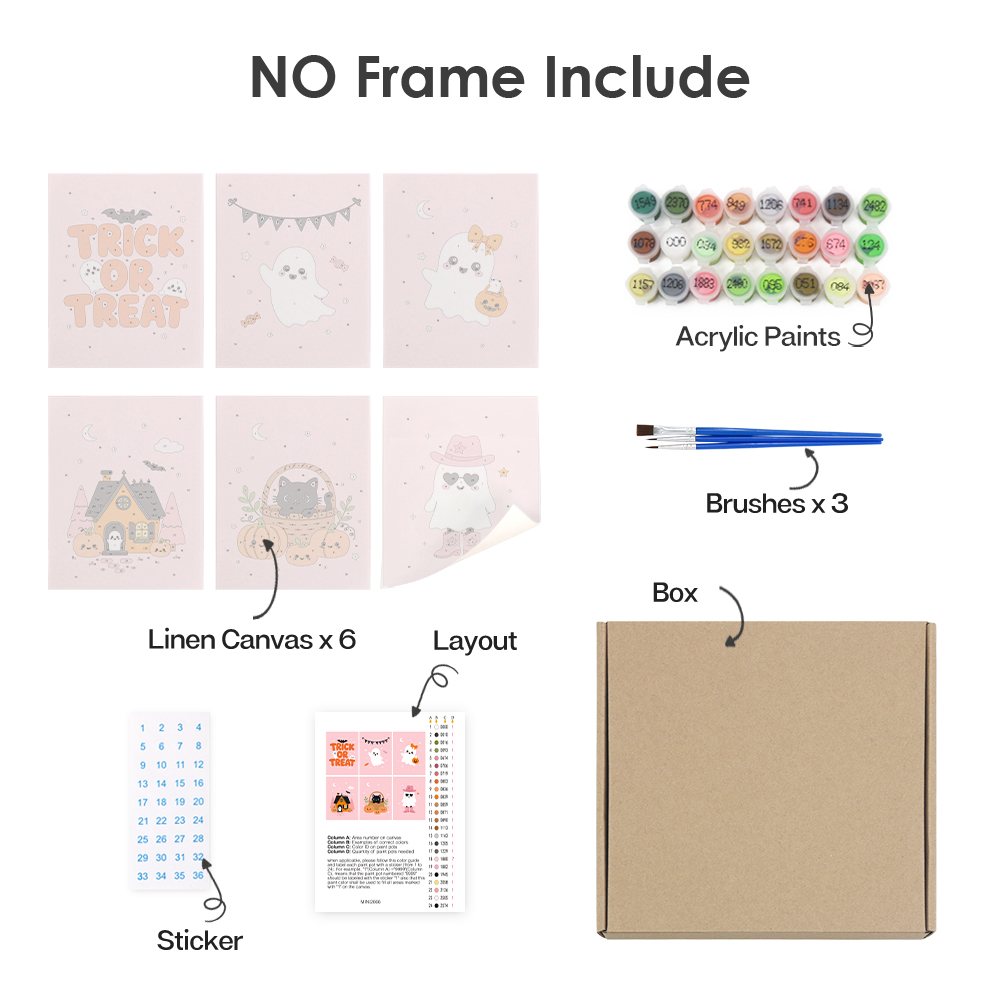 What's included without a frame: six rolled Pink Boo Crew mini canvases, acrylic paints, three brushes and layout