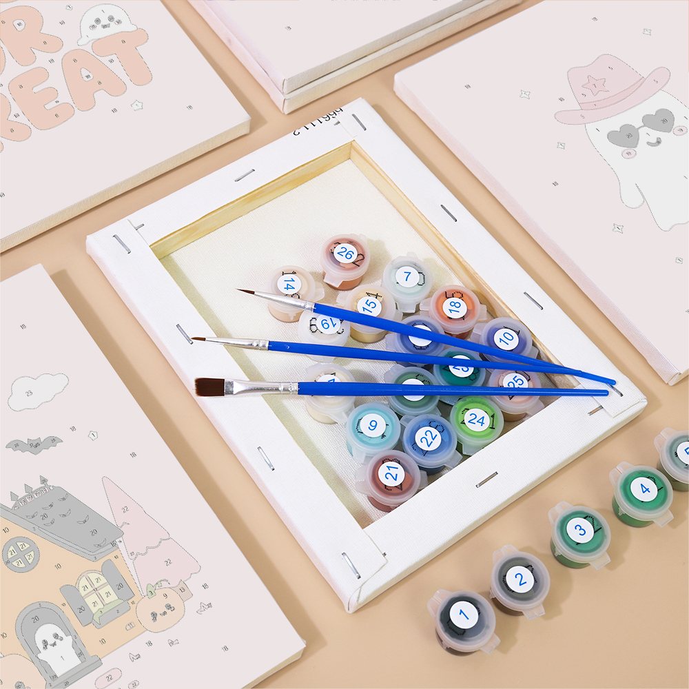 Numbered paint pots and brushes on a pre-stretched Pink Boo Crew mini canvas