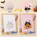 Before and after of a Pink Boo Crew mini paint by numbers canvas