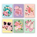Pink Glam mini paint by numbers set: six pastel beauty still lifes with peonies, perfume, a gift box, nail polish, sunglasses, a compact and ballet flats