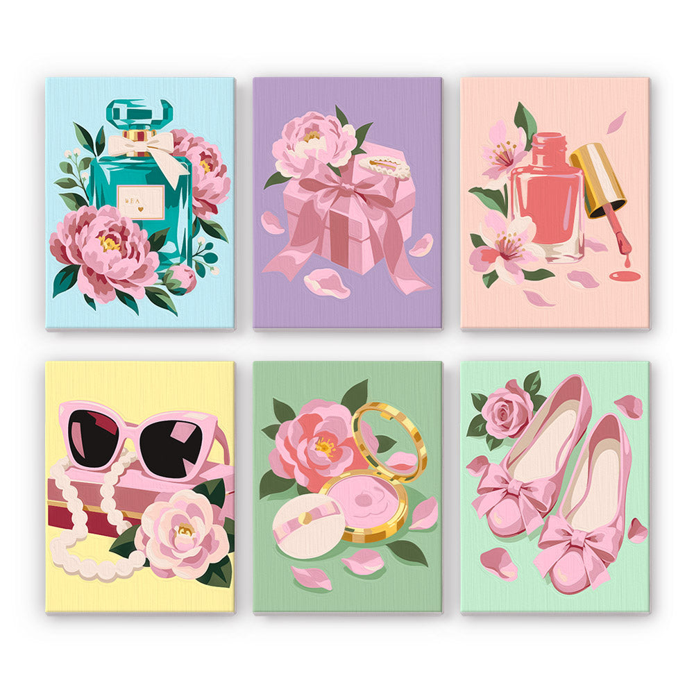 Pink Glam mini paint by numbers set: six pastel beauty still lifes with peonies, perfume, a gift box, nail polish, sunglasses, a compact and ballet flats