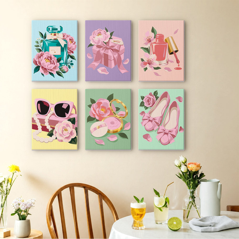 Pink Glam mini paintings displayed as a gallery wall in a sunny kitchen