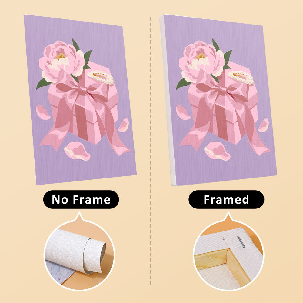 Pink Glam mini canvas shown rolled without a frame and pre-stretched on a frame