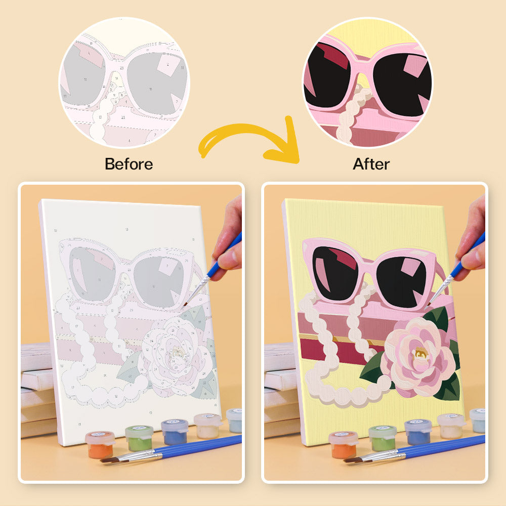 Before and after of a Pink Glam mini paint by numbers canvas