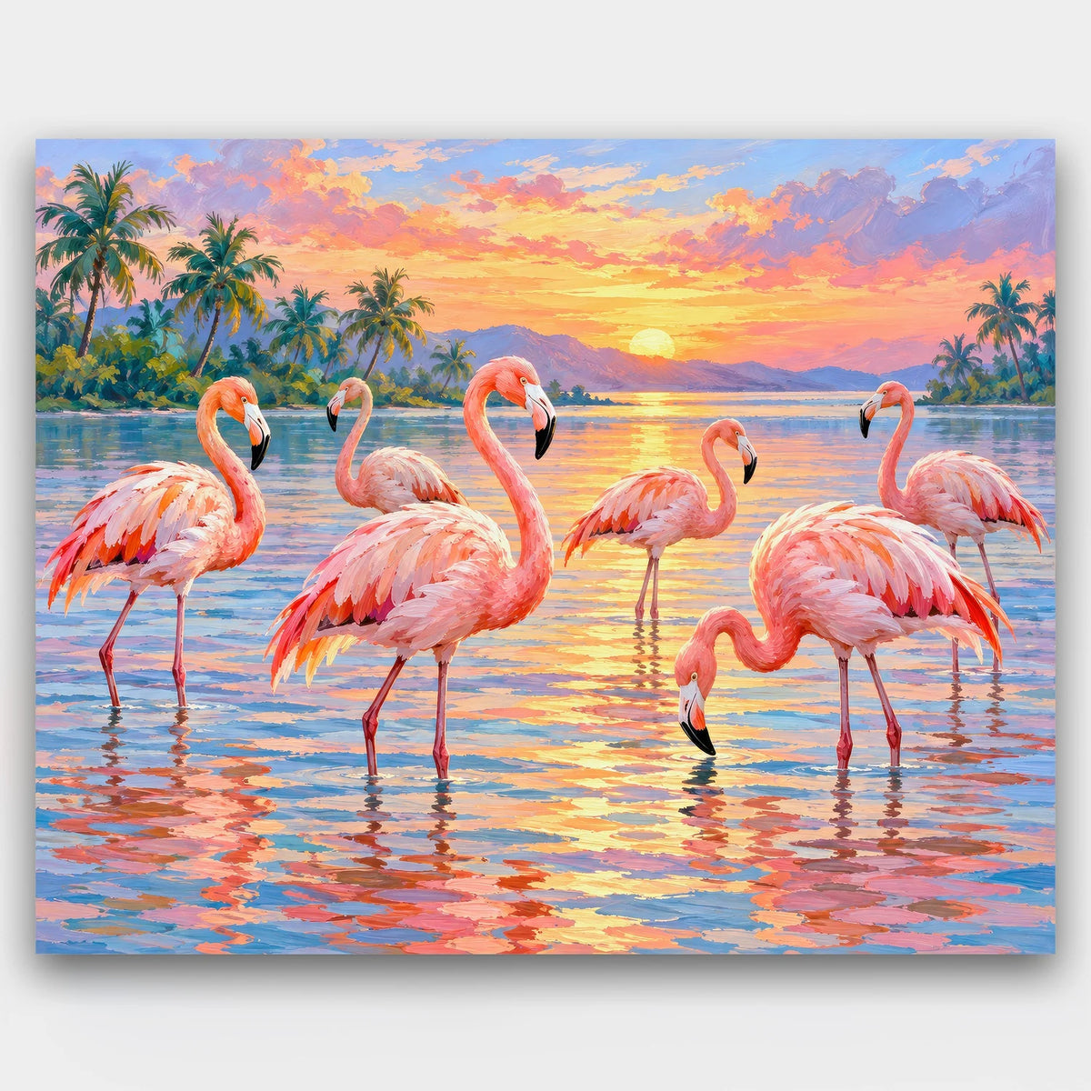 Pink Lagoon at Sunset paint by numbers kit of a flock of pink flamingos wading in a calm lagoon at sunset with palms