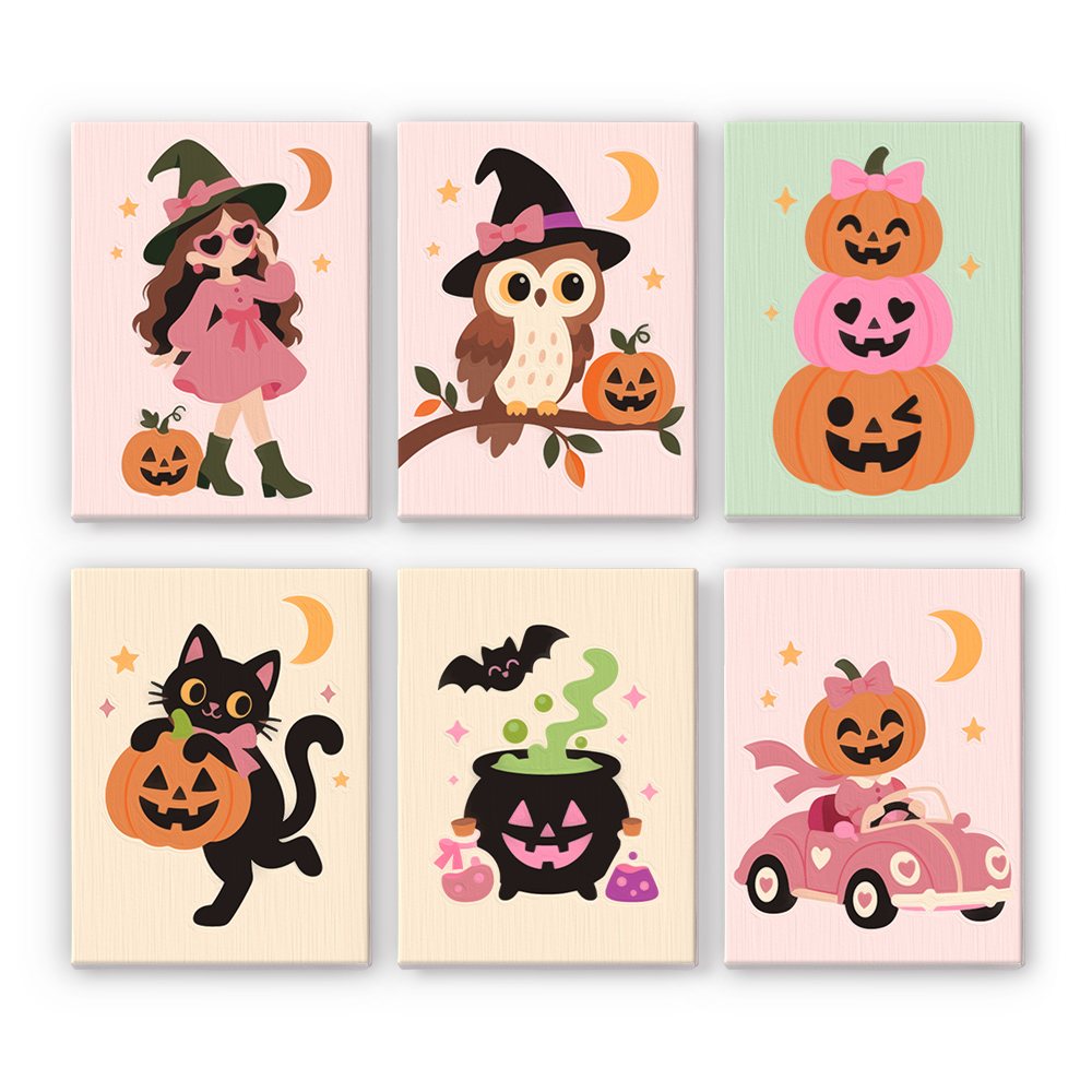 Pink Pumpkin Party mini paint by numbers set: six pastel pink Halloween designs with a witch girl, owl, stacked pumpkins, black cat, cauldron and pink car