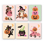 Pink Pumpkin Party mini paint by numbers set: six pastel pink Halloween designs with a witch girl, owl, stacked pumpkins, black cat, cauldron and pink car