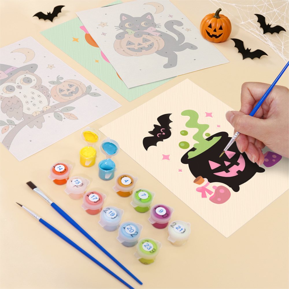 Filling in a Pink Pumpkin Party mini canvas with numbered acrylic paints and a fine brush