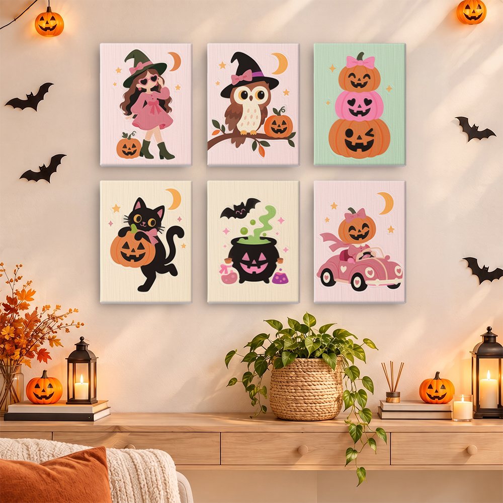 Pink Pumpkin Party mini paintings displayed as a gallery wall in a sunny kitchen