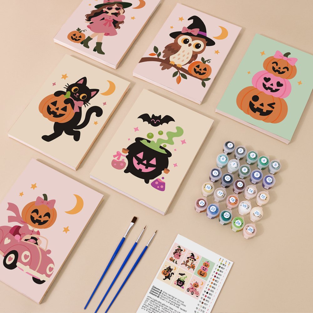 Pink Pumpkin Party mini paint by numbers kit with six numbered canvases, acrylic paints, brushes and layout
