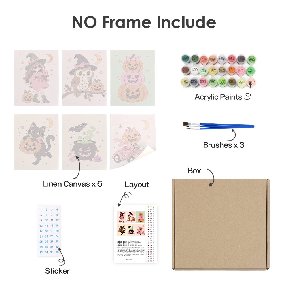 What's included without a frame: six rolled Pink Pumpkin Party mini canvases, acrylic paints, three brushes and layout
