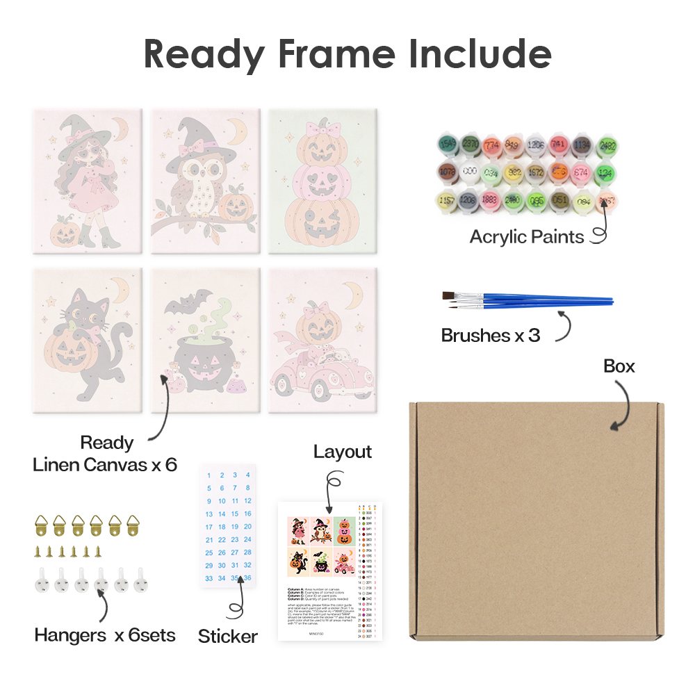What's included pre-stretched on frame: six framed Pink Pumpkin Party mini canvases, paints, three brushes, hangers and layout