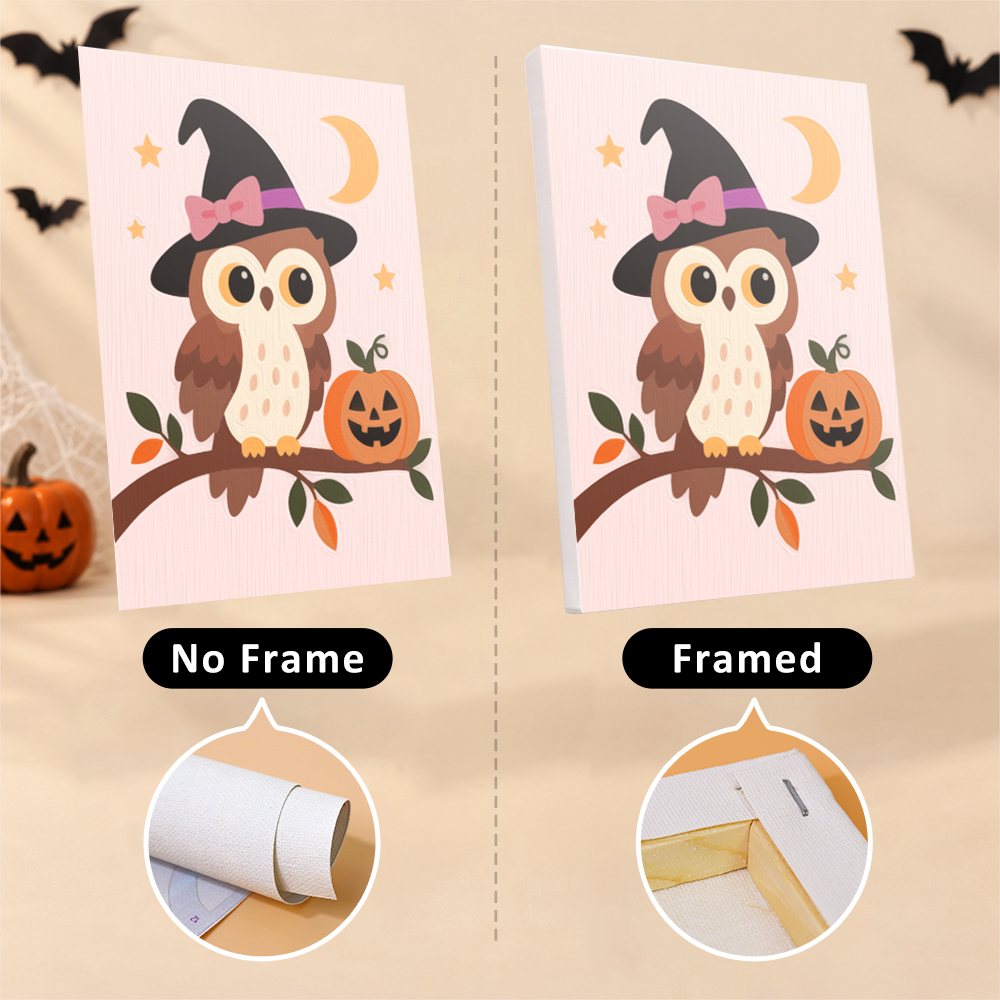Pink Pumpkin Party mini canvas shown rolled without a frame and pre-stretched on a frame