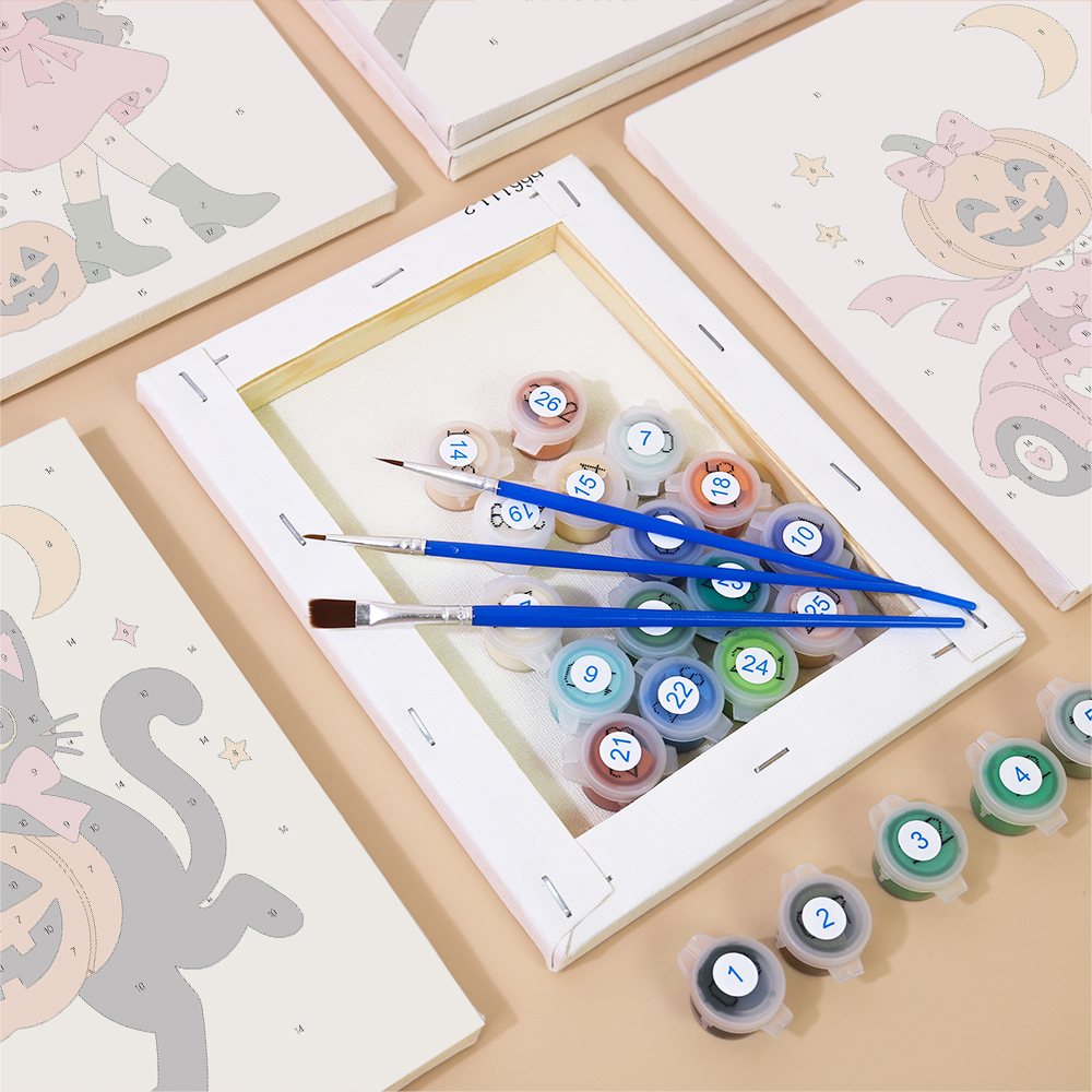 Numbered paint pots and brushes on a pre-stretched Pink Pumpkin Party mini canvas