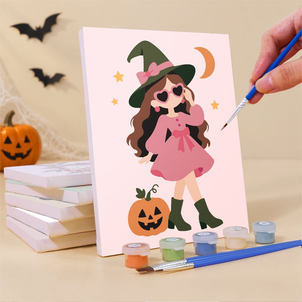 Painting a Pink Pumpkin Party mini canvas propped up beside numbered acrylic paints