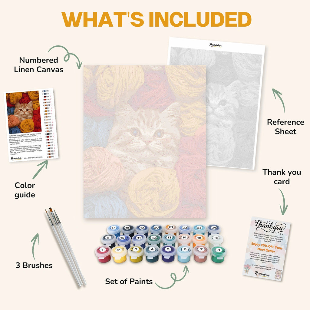 What's included in the Playful Cat's Dream paint by numbers kit: numbered linen canvas, reference sheet, color guide, 24 acrylic paints, 3 brushes and thank you card