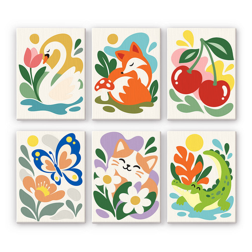 Playful Garden mini paint by numbers set: six cheerful designs, including a swan, a fox, cherries, a butterfly, a kitten and a crocodile