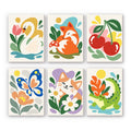 Playful Garden mini paint by numbers set: six cheerful designs, including a swan, a fox, cherries, a butterfly, a kitten and a crocodile