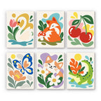 Playful Garden mini paint by numbers set: six cheerful designs, including a swan, a fox, cherries, a butterfly, a kitten and a crocodile