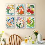 Playful Garden mini paintings displayed as a gallery wall in a sunny kitchen