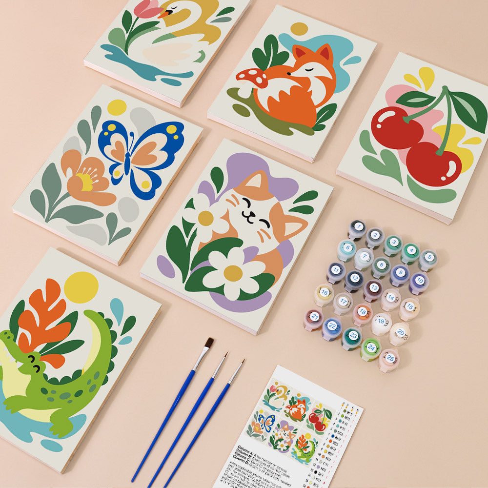Playful Garden mini paint by numbers kit with six numbered canvases, acrylic paints, brushes and layout