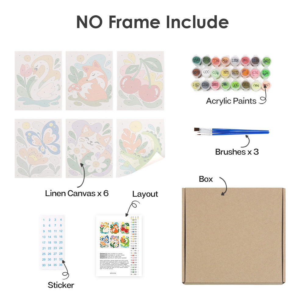 What's included without a frame: six rolled Playful Garden mini canvases, acrylic paints, three brushes and layout