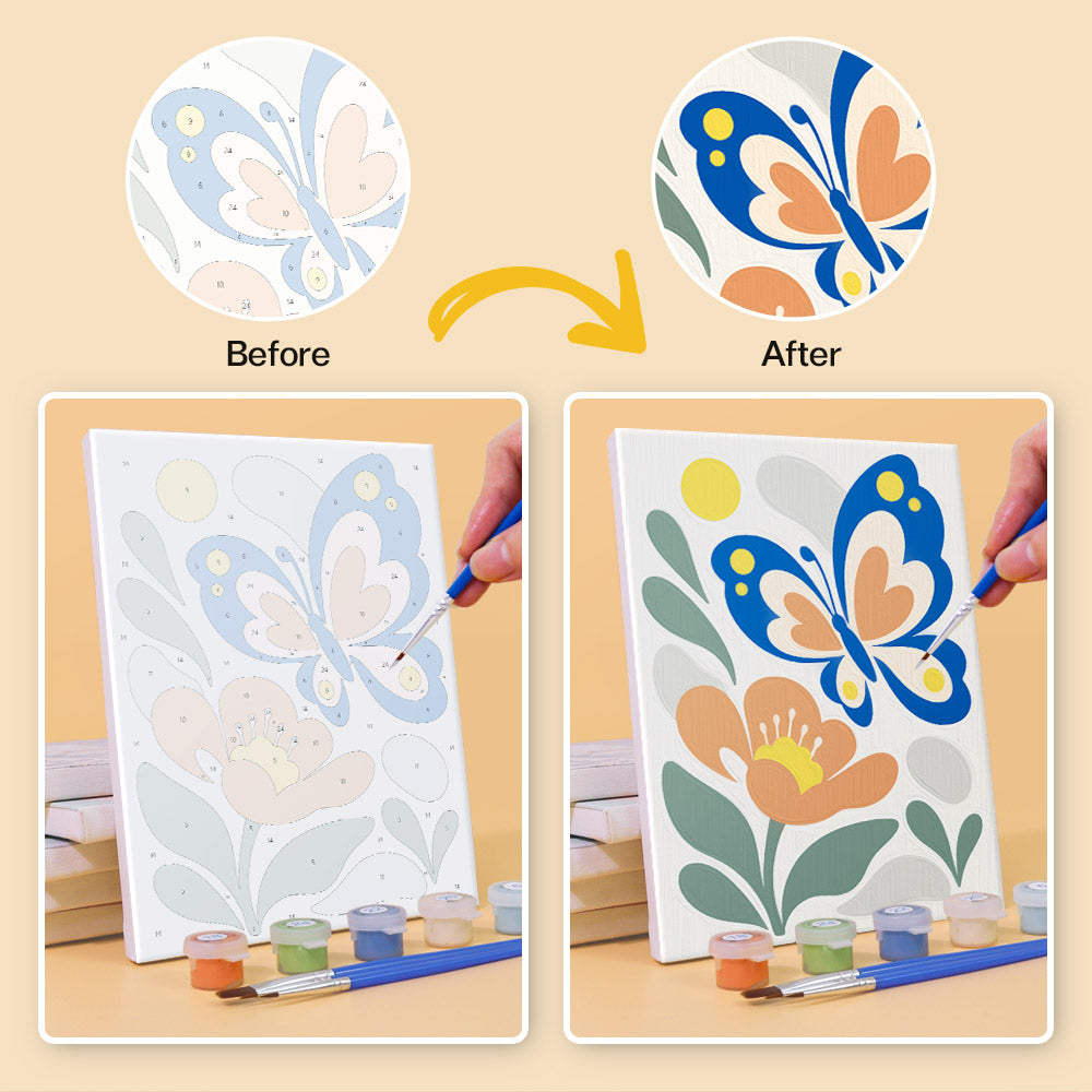 Before and after of a Playful Garden mini paint by numbers canvas