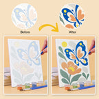 Before and after of a Playful Garden mini paint by numbers canvas
