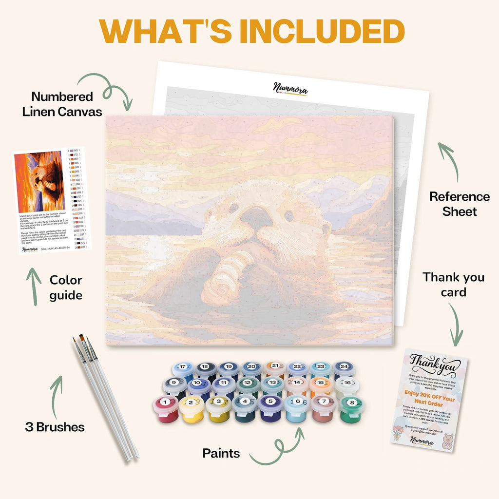 What's included in the Playful Otter paint by numbers kit: numbered linen canvas, reference sheet, color guide, 24 acrylic paints, 3 brushes and thank you card