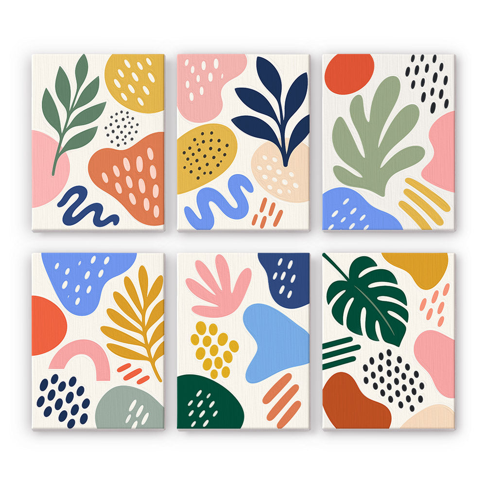 Playful Shapes mini paint by numbers set: six abstract designs of colorful leaves, blobs, dots and squiggles