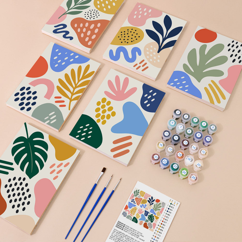 Playful Shapes mini paint by numbers kit with six numbered canvases, acrylic paints, brushes and layout