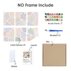 What's included without a frame: six rolled Playful Shapes mini canvases, acrylic paints, three brushes and layout