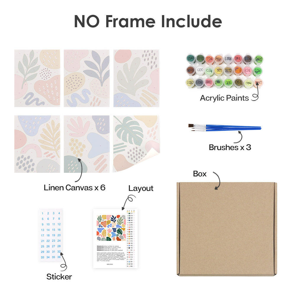 What's included without a frame: six rolled Playful Shapes mini canvases, acrylic paints, three brushes and layout
